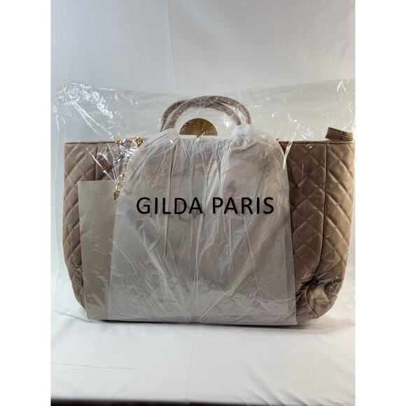 Gilda Paris Large Quilted Tote Bag in Taupe with Luggage Handle Slot NWT - Picture 4 of 6